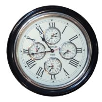 A LARGE 20TH CENTURY WOOD AND CHROME 'WORLD TIME' CLOCK Circular form with Roman number markings and