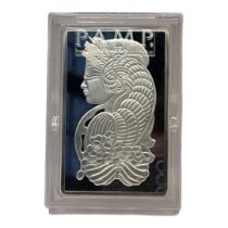 A VINTAGE FINE SILVER 5OZ LADY FORTUNA BULLION BAR Having an embossed portrait and marked to reverse