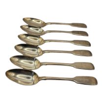 A SET OF SIX VICTORIAN SILVER DESSERT SPOONS Plain fiddle pattern with engraved family crest,