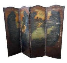 AN EDWARDIAN LEATHER AND HAND PAINTED FOUR FOLD SCREEN Decorated with a courting couple in a