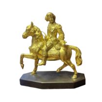 A 19TH CENTURY GILDED BRONZE STATUE OF A GEORGIAN GENT ON HORSEBACK On a later stand. (w 19cm x h