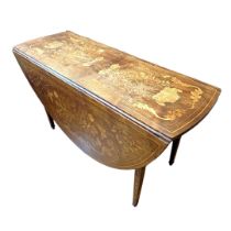 A 19TH CENTURY DUTCH FLORAL MARQUETRY INLAID DROP LEAF OVAL DINING TABLE Supported on square