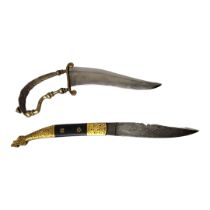 A FINE ANTIQUE SOUTHERN INDIA KINJAL FOLDING KNIFE Steel constructing blade with a sheet of silver