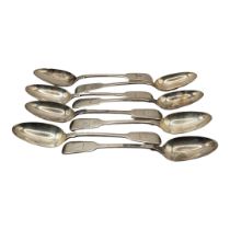 A SET OF EIGHT GEORGIAN SILVER TABLESPOONS Plain fiddle pattern with engraved family crest,