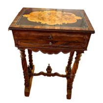 A 19TH CENTURY CONTINENTAL FLORAL MARQUETRY INLAID ROSEWOOD WORK TABLE The rise and fall lid,