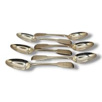 A SET OF SIX GEORGIAN SILVER DESSERT SPOONS Plain fiddle pattern with engraved family crest,