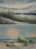 A PAIR OF LATE 20TH CENTURY OIL ON CANVAS SEASCAPES Coastal view, single rowing boat and seagulls,