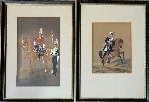 AN EARLY 20TH CENTURY WATERCOLOUR, A VICTORIAN ROYAL CAVALRY OFFICER IN FULL DRESS UNIFORM ON