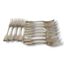 A SET OF TWELVE GEORGIAN SILVER DINNER FORKS Plain fiddle pattern with engraved family crest,