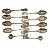 A SET OF SIX GEORGIAN SILVER TEASPOONS Plain fiddle pattern with engraved family crest, one with