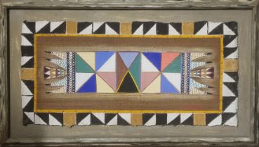 MUKOMBO, AFRICAN, A LARGE OIL ON HESSIAN Tribal rug design, signed, framed. (185cm x 105cm)