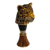 JAY STRONGWATER, A GOLD PLATED, ENAMEL AND PASTE LEOPARD HEAD WINE STOPPER Encrusted with paste