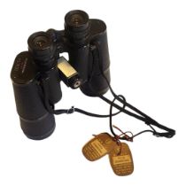 ZENITH, A VINTAGE PAIR OF BINOCULARS 16 X 50 magnification, together with two motor racing tags,