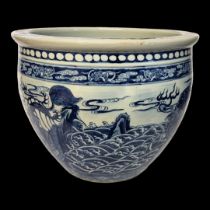 A LATE 19TH/EARLY 20TH CENTURY CHINESE BLUE AND WHITE PORCELAIN FISH BOWL Hand painted with four