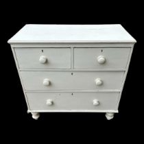 A PAINTED PINE CHEST Of two over two drawers, on squat turned legs. (85cm x 42cm x 82cm)