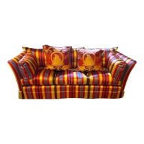 A 19TH CENTURY STYLE THREE SEAT SOFA Generous proportions, recently reupholstered in a striped