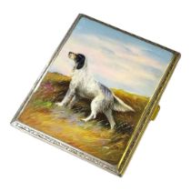 AN EDWARDIAN GILT METAL AND ENAMEL CIGARETTE CASE Black and white hunting dog within a Scottish