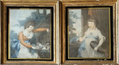 J. PEARSON, A PAIR OF 19TH CENTURY HAND COLOURED ENGRAVINGS In reverse glass painted mounts titled