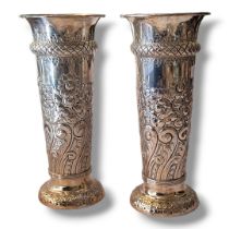 A PAIR OF VICTORIAN SILVER TRUMPET VASES With embossed decoration, hallmarked Sheffield, 1894,