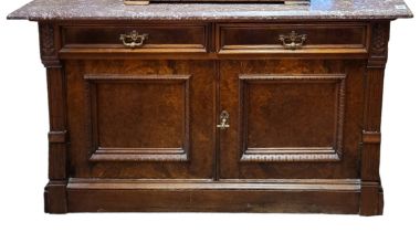 A 19TH CENTURY BURR WALNUT SIDE CABINET With later rouge marble top above two drawers and cupboards.