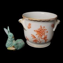 HEREND, A VINTAGE PORCELAIN CACHEPOT Twin handles, decorated with flowers and insects in orange