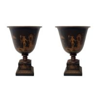 A PAIR OF 20TH CENTURY TOLEWARE BELL FORM URNS With gilt chinoiserie decoration on black ground