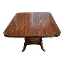 AN EARLY VICTORIAN MAHOGANY AND BRASS BANDED TILT TOP BREAKFAST TABLE The rectangular top on four