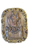 A 19TH CENTURY CONTINENTAL CARVED GILTWOOD POLYCHROME DECORATED PANEL OF ST. DOMINIC GUZMAN , 1170 -