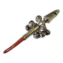 A GEORGIAN SILVER AND CORAL CHILD'S RATTLE Having a whistle with bells and coral finial,