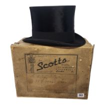 SCOTTS OF OLD BOND STREET, LONDON, A BOXED BLACK SILK TOP HAT. (inside 20.5cm x 16cm) Condition: