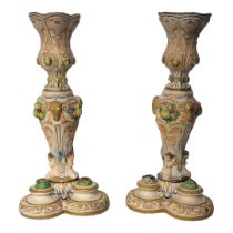 A PAIR OF LATE 19TH CENTURY CONTINENTAL ROCOCO STYLE PARIAN PORCELAIN POLYCHROME GLAZED ELABORATE