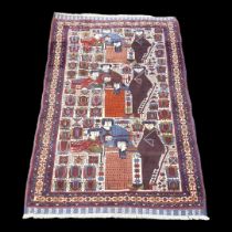 A VINTAGE WOOLLEN BALOUCHI RUG Woven with numerous figures and medallions contained in running