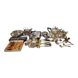 A COLLECTION OF VINTAGE SILVER PLATED WARE Comprising a three piece tea set, gallery tray, a bowl
