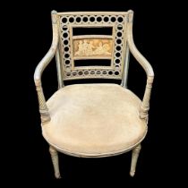 AN 18TH/19TH FRENCH PAINTED OPEN ARMCHAIR With pierced circular roundels surrounding a back panel