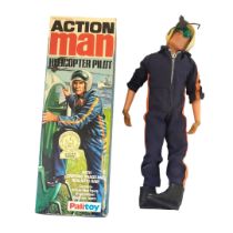 ACTION MAN, A VINTAGE 'HELICOPTER PILOT 'FIGURE Wearing helmet, goggles and blue jump suit, in