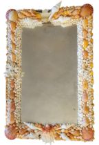 A VINTAGE SEASHELL CLAD RECTANGULAR WALL MIRROR With applied shell restoration. (approx 37cm x 57cm)