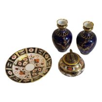 ROYAL CROWN DERBY, A PAIR OF SMALL BONE CHINA JEWELLED CABINET VASES Derby year cypher mark for