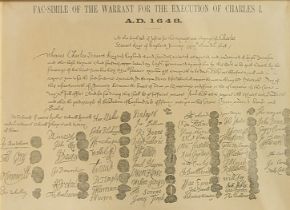 A 20TH CENTURY KING CHARLES I ROYAL COMMEMORATIVE PRINT Titled 'Fac-Simile of the warrant for the