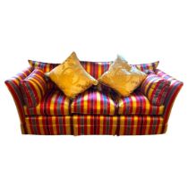 A 19TH CENTURY STYLE THREE SEAT SOFA Generous proportions, recently reupholstered in a striped