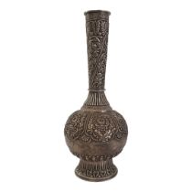 A 19TH CENTURY ASIAN WHITE METAL ROSE WATER BOTTLE/VASE Having fine embossed and chased decoration