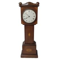 AN EDWARDIAN MAHOGANY MINIATURE LONGCASE CLOCK Having Sheraton revival inlaid shell and stringing,