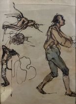 A 19TH CENTURY PEN, INK AND WATERCOLOUR, THEATRICAL, DRAWING STUDY OF A MAN AND DEVILS The reverse