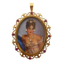 A VINTAGE 18CT GOLD AND RUBY OVAL BROOCH/PENDANT Portrait of lady under glass, mounted in