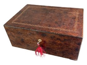 A VINTAGE VICTORIAN STYLE BURR WALNUT VENEERED HUMIDOR Complete with key. (h 17.5cm x w 42cm x d
