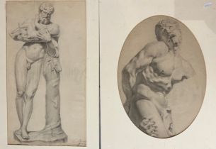 TWO 18TH CENTURY FRENCH BLACK CHALK DRAWING STUDY, AFTER ANTIQUE SCULPTURES Silenus holding The