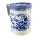 A LARGE 19TH CENTURY BLUE AND WHITE QUARTER GALLON TANKARD Decorated with Mausoleum garden landscape