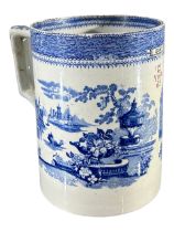 A LARGE 19TH CENTURY BLUE AND WHITE QUARTER GALLON TANKARD Decorated with Mausoleum garden landscape