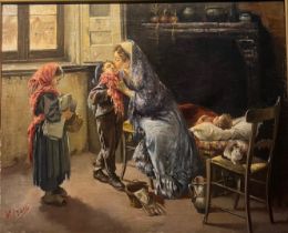 VINCENZO IROLLI, ITALIAN, 1860 - 1945, A LARGE OIL ON CANVAS Interior scene, mother and children a