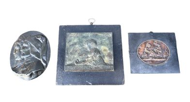 THREE 19TH/20TH CENTURY BRONZE RELIEF PLAQUES Comprising an oval plaque showing Dante & Beatrice,