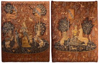 TWO 15TH CENTURY DESIGN WALL HANGING TAPESTRY The Lady with the Unicorn, after the original series